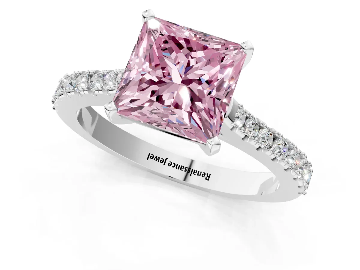 Fancy Pink Princess Cut Cut Solitaire Diamond Engagement Ring with Pave Band and Four-Prong Setting White gold