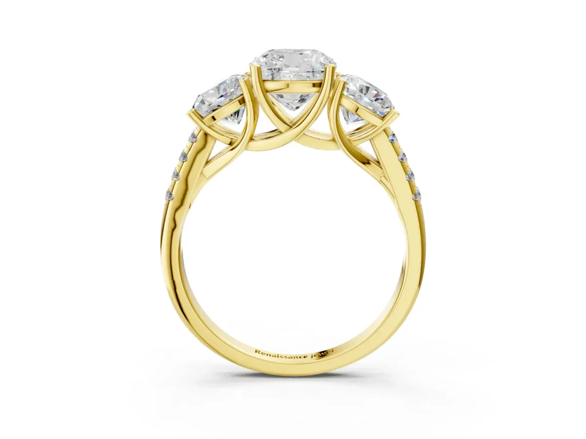 Fancy Green Three-Stone Cushion Cut Diamond Ring with Round Pavé Band and Prong Setting Yellow gold