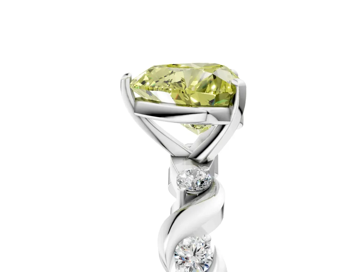 Fancy Yellow Heart Cut Diamond Solitaire Twisted Band with Round Accents and Prong Setting White gold