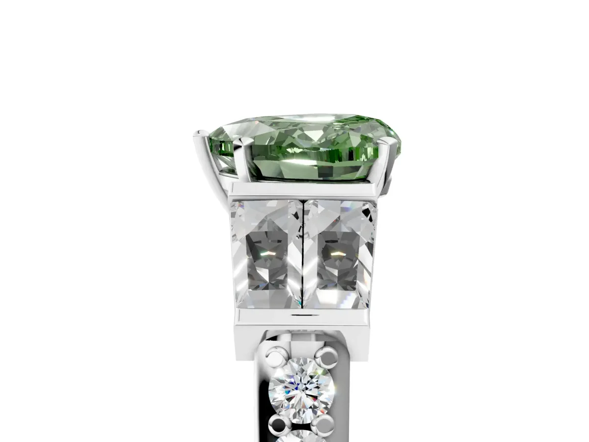 Fancy Green Heart Cut Diamond Engagement Ring with Baguette Side Stones and Channel Set Band Platinum