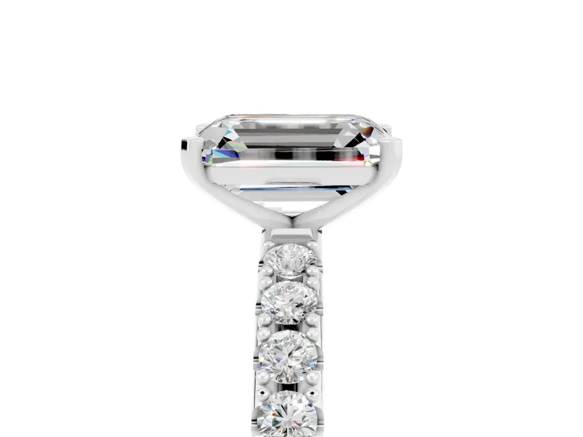 Emerald Cut Moissanite Solitaire Pavé Band with Four-Prong Setting Silver