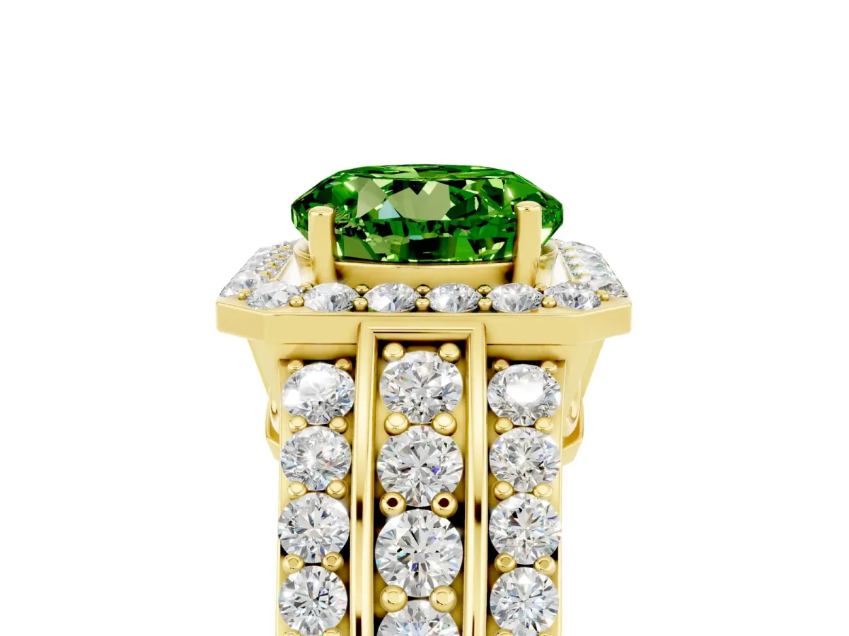Round Cut Halo Peridot Ring with Round Split Shank and Prong Setting Yellow gold