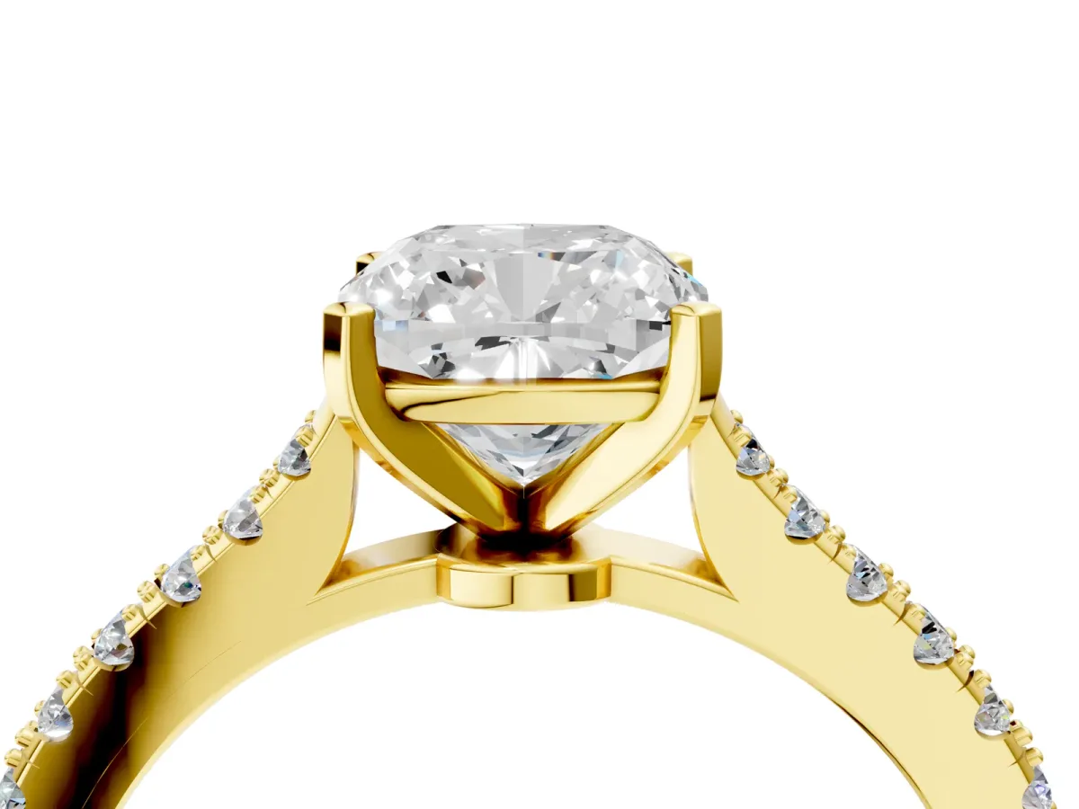 Cushion Cut Cut Solitaire Diamond Engagement Ring with Pave Band and Four-Prong Setting Yellow gold