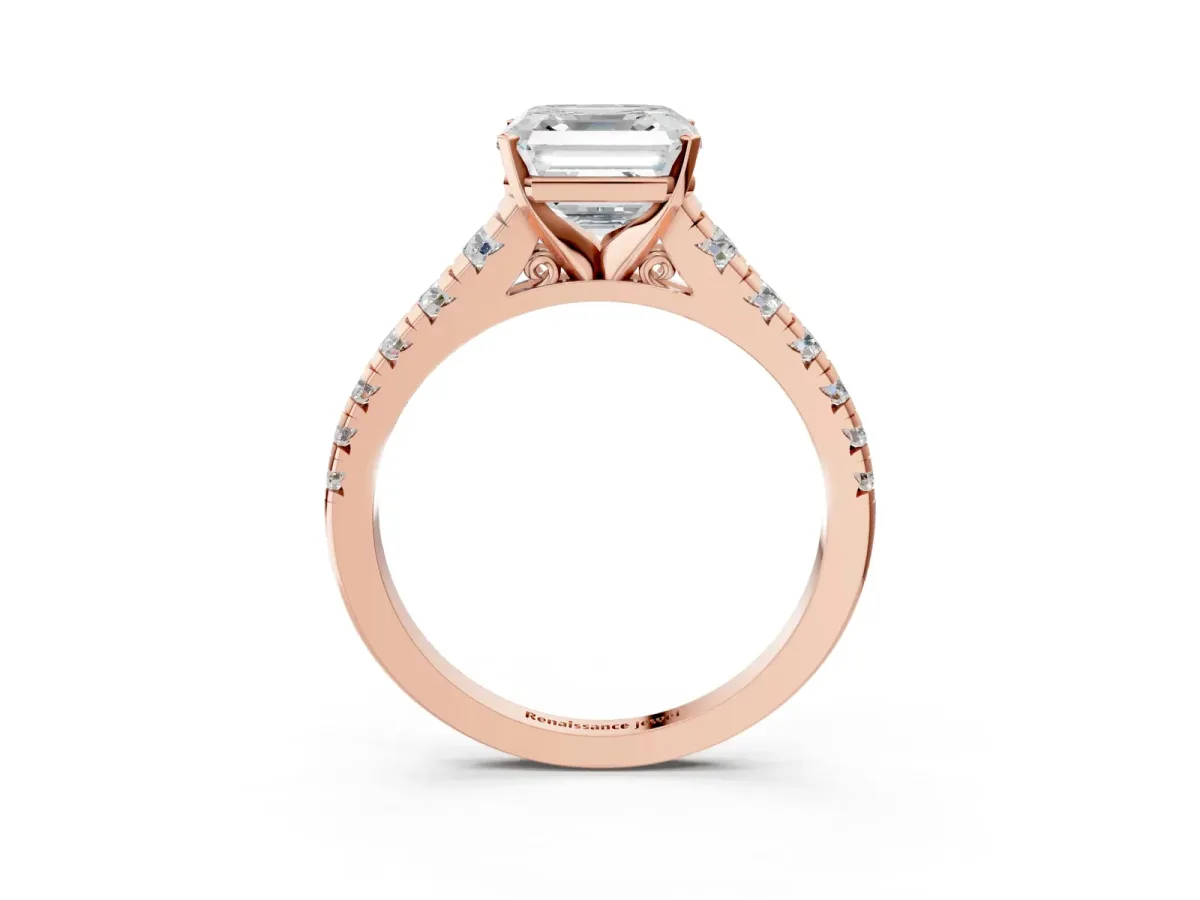 Asscher Cut Diamond Cathedral Solitaire Ring with Round Moissanite Pavé Band Rose gold