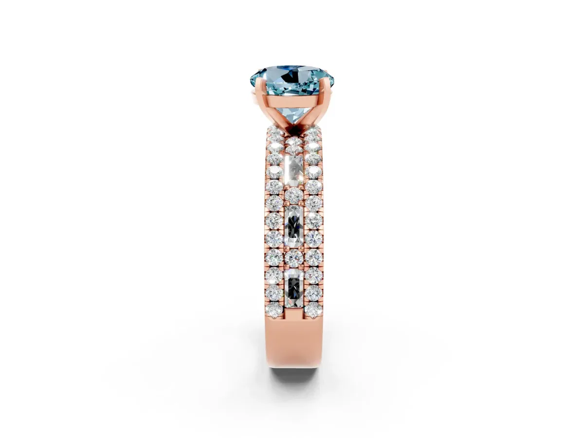 Round Cut Aquamarine Solitaire Ring with Pavé and Channel Set Band Rose gold