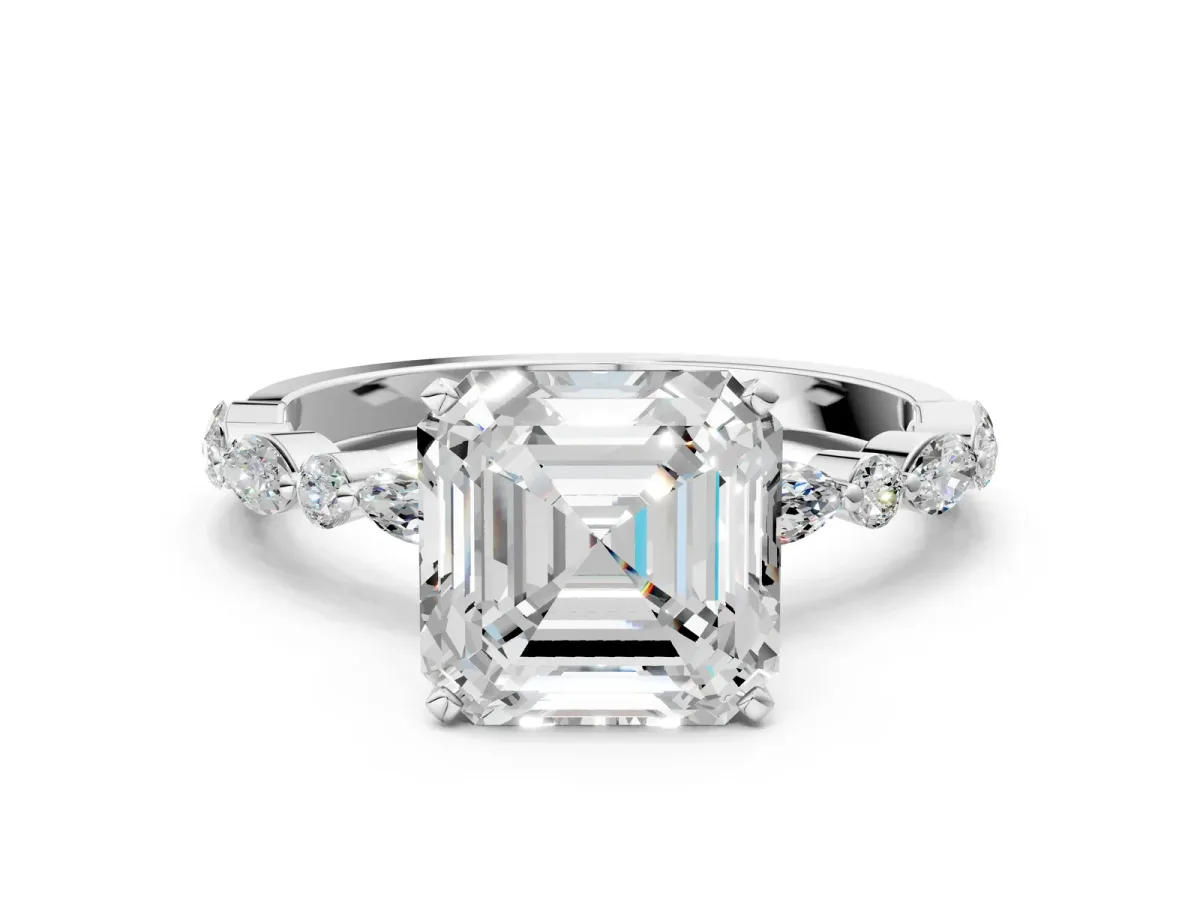 Asscher Cut Diamond Ring with Marquise and Round Side Stones and Four-Prong Setting Platinum