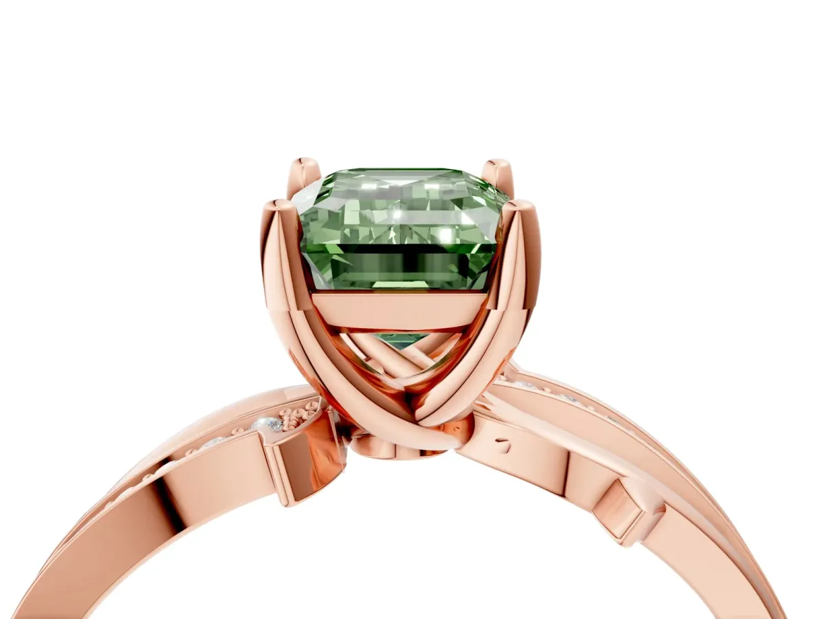 Fancy Green Emerald Cut Solitaire Twist Band with Pavé Accents and Four-Prong Setting Rose gold