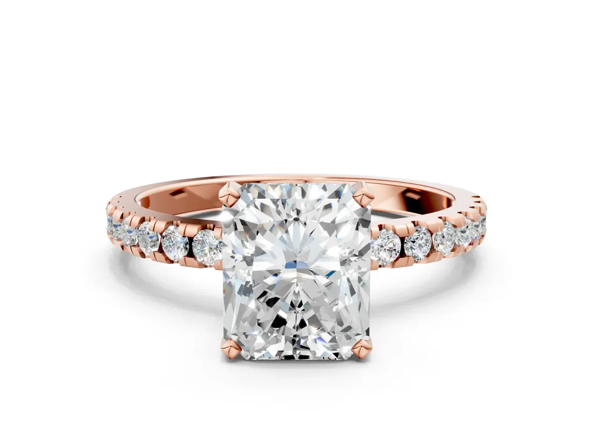 Radiant Cut Diamond Solitaire Ring with Round Moissanite Pavé Band and Four-Prong Setting Rose gold