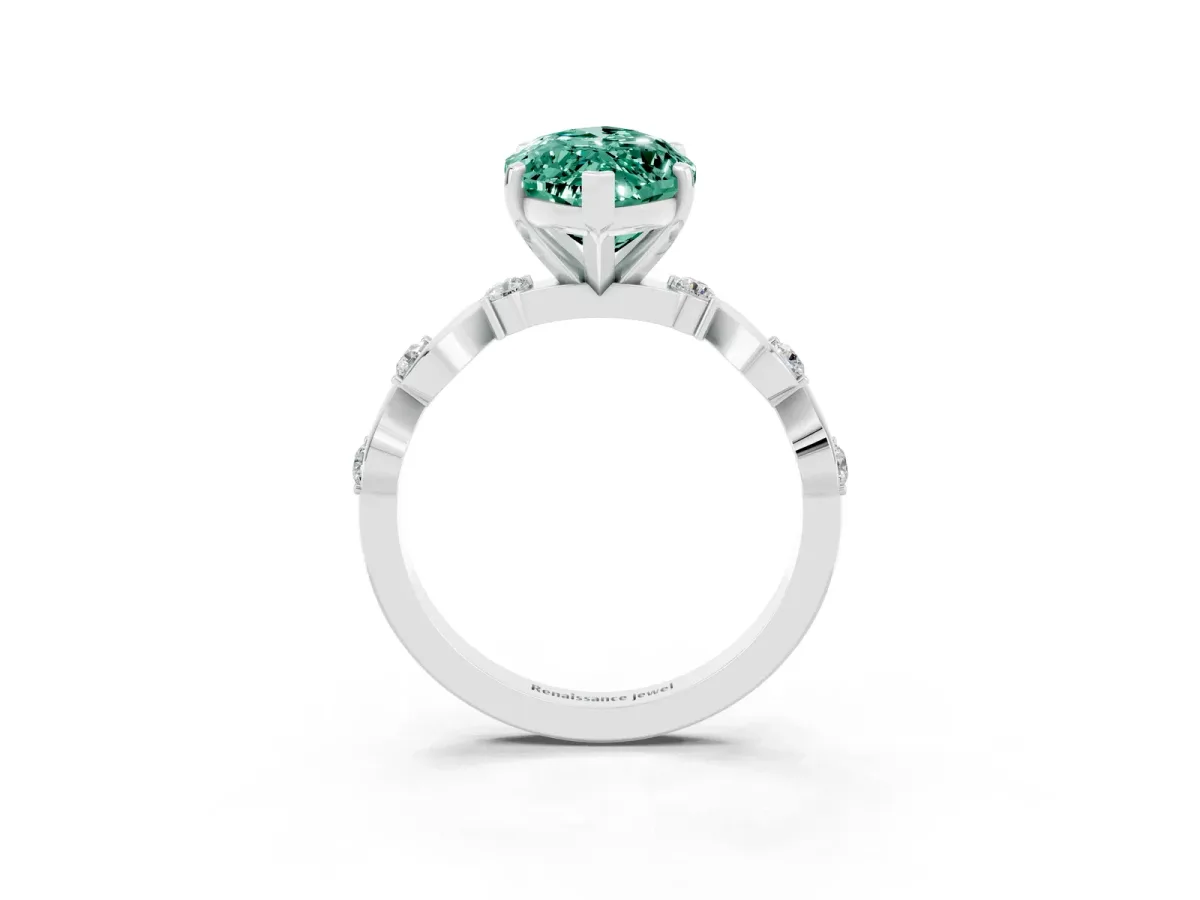 Marquise Cut Green Sapphire Solitaire Twisted Band with Round Accents and Prong Setting Platinum