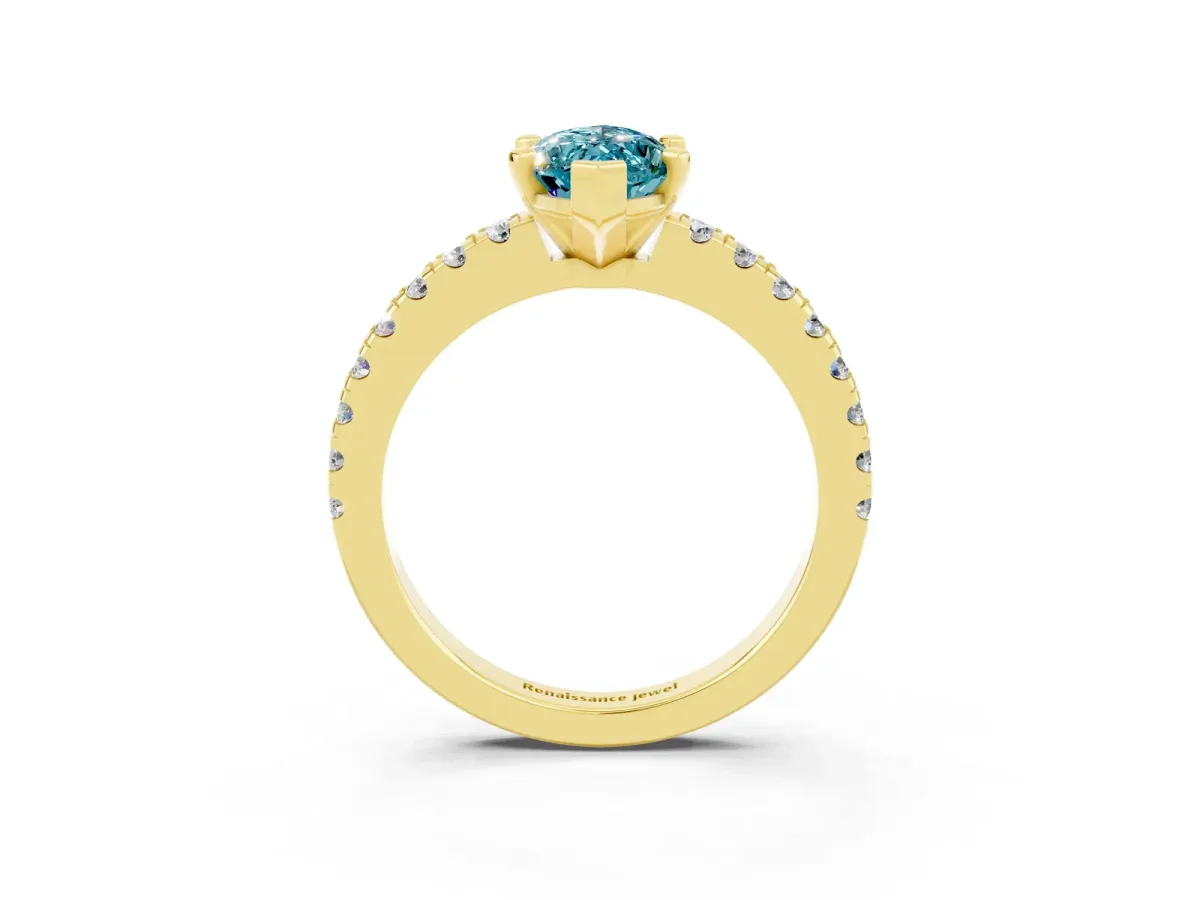 Marquise Cut Solitaire Blue Topaz with Pavé Band and Four-Prong Setting Yellow gold