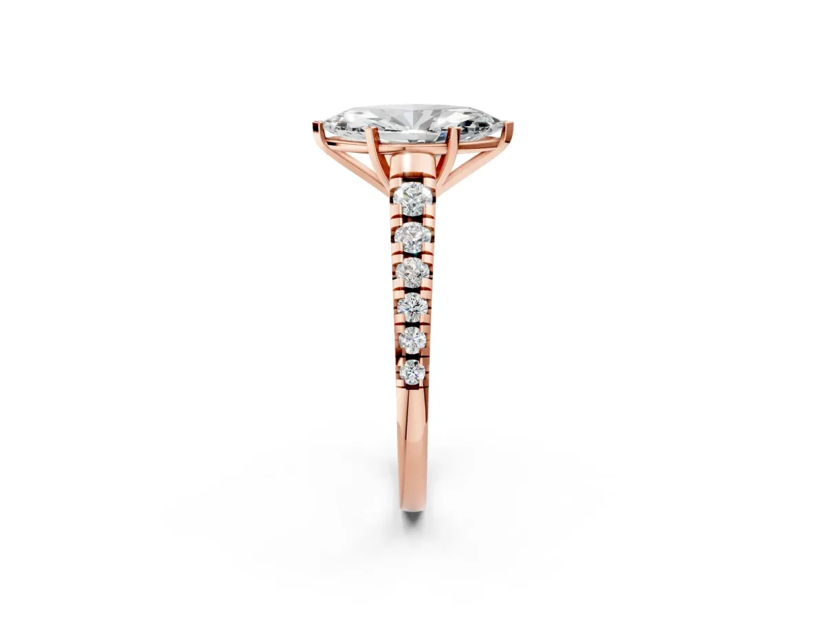 Marquise Cut Diamond Cathedral Solitaire Ring with Round Moissanite Pavé Band Rose gold
