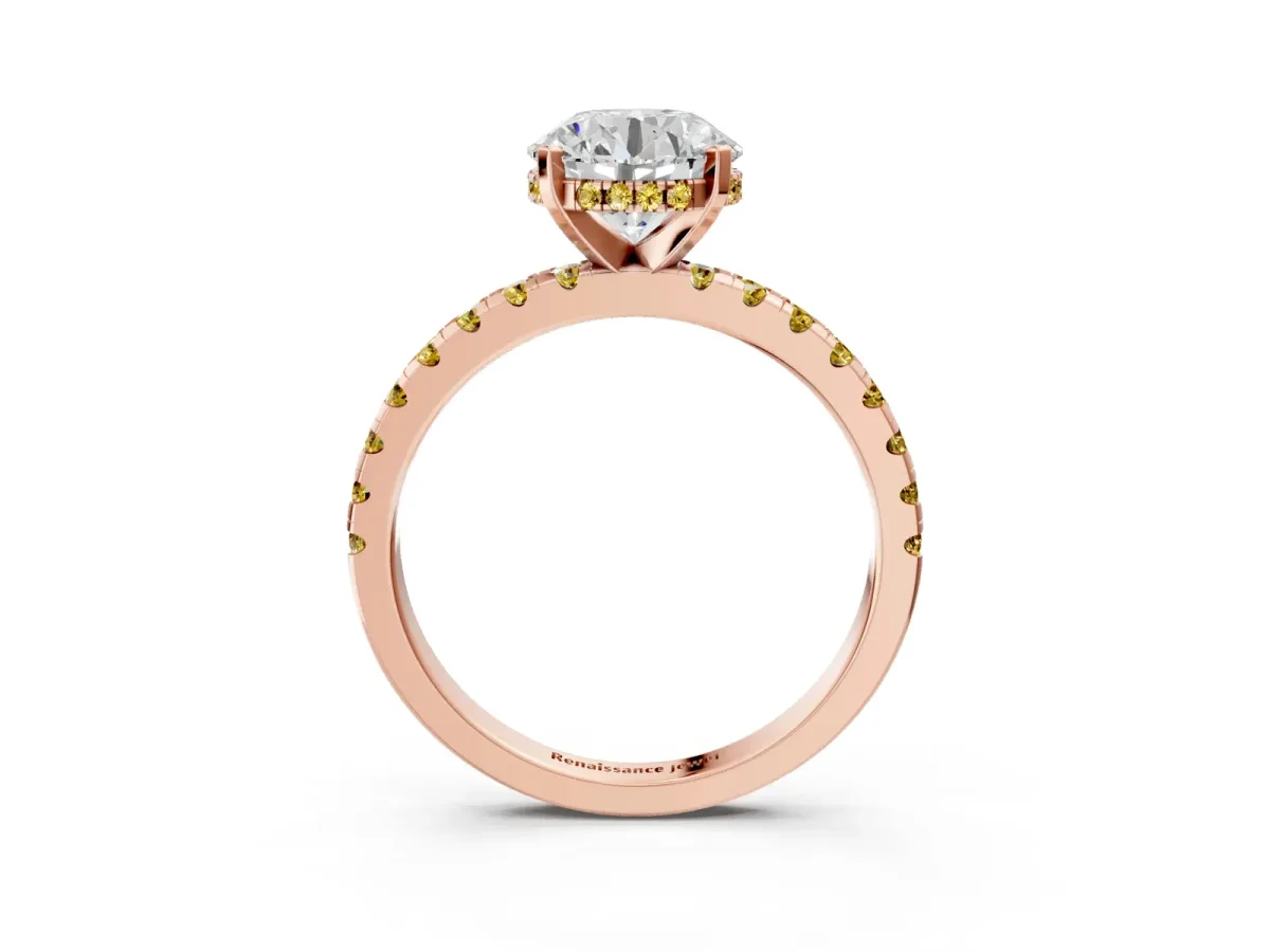 Round Cut Diamond Solitaire Ring with Round Yellow Sapphire Pavé Band and Four-Prong Setting Rose gold