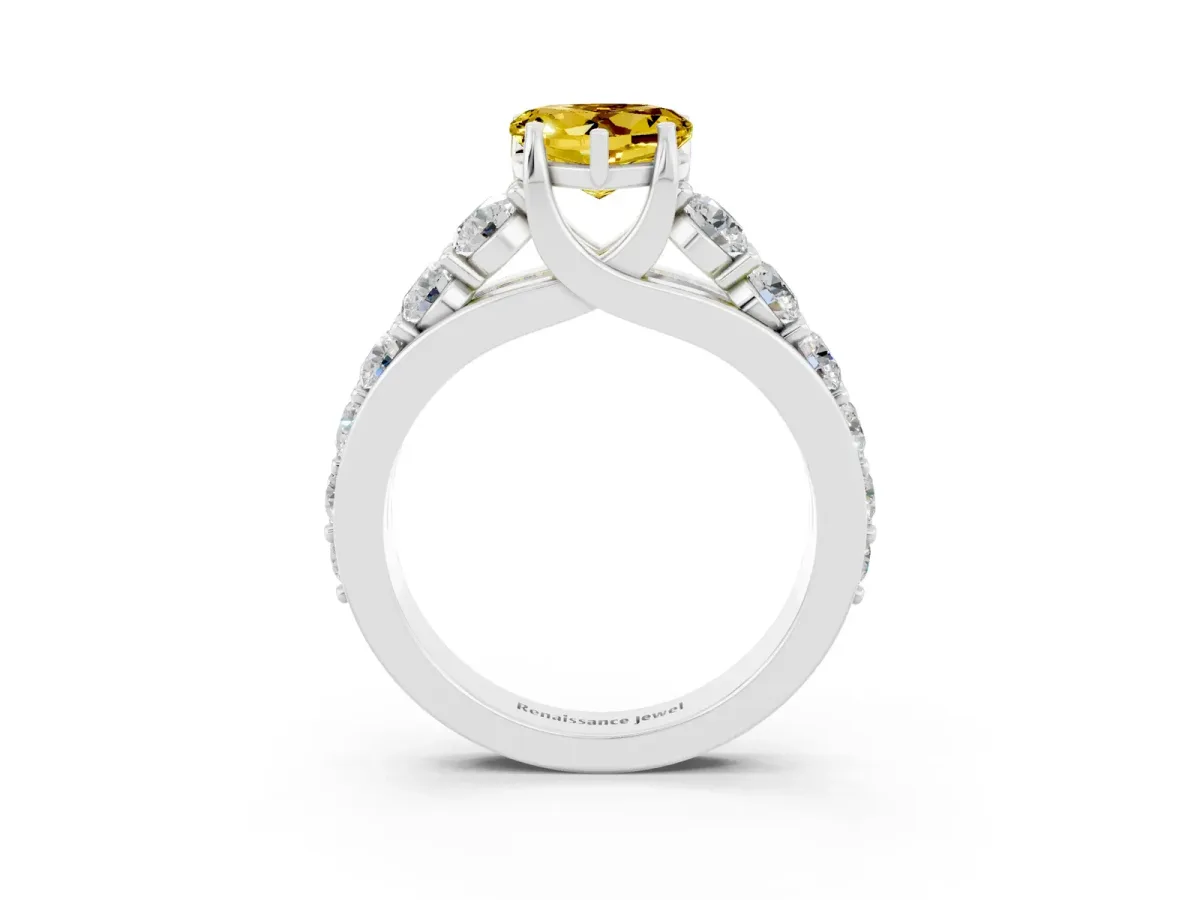 Heart Cut Yellow Sapphire Engagement Ring with Pavé Band and Four-Prong Setting White gold