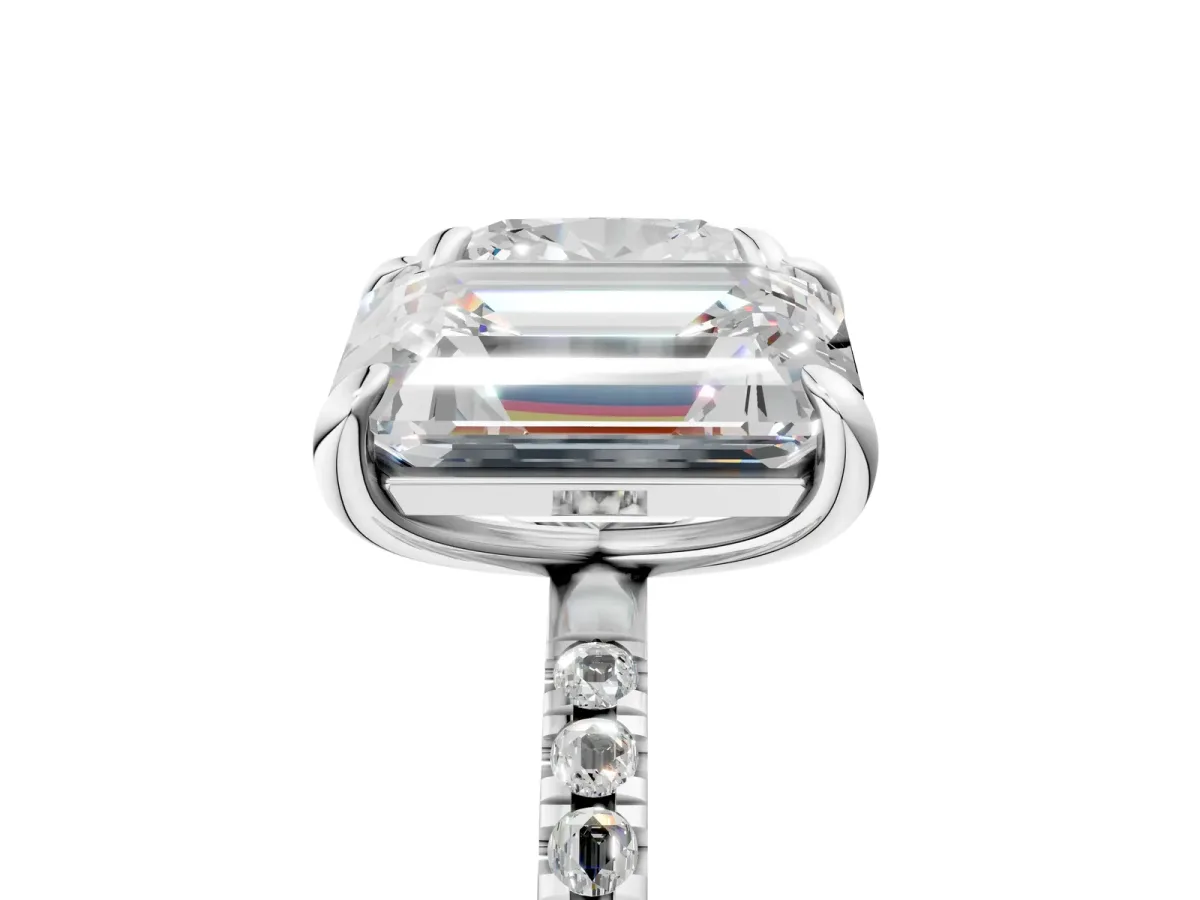 Cushion and Emerald Toi Moi Ring with Prong Setting and Pave Band Platinum