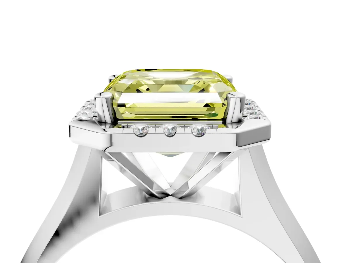 Fancy Yellow Asscher Cut Cut Halo Solitaire Engagement Ring with Square Band and Four-Prong Setting White gold