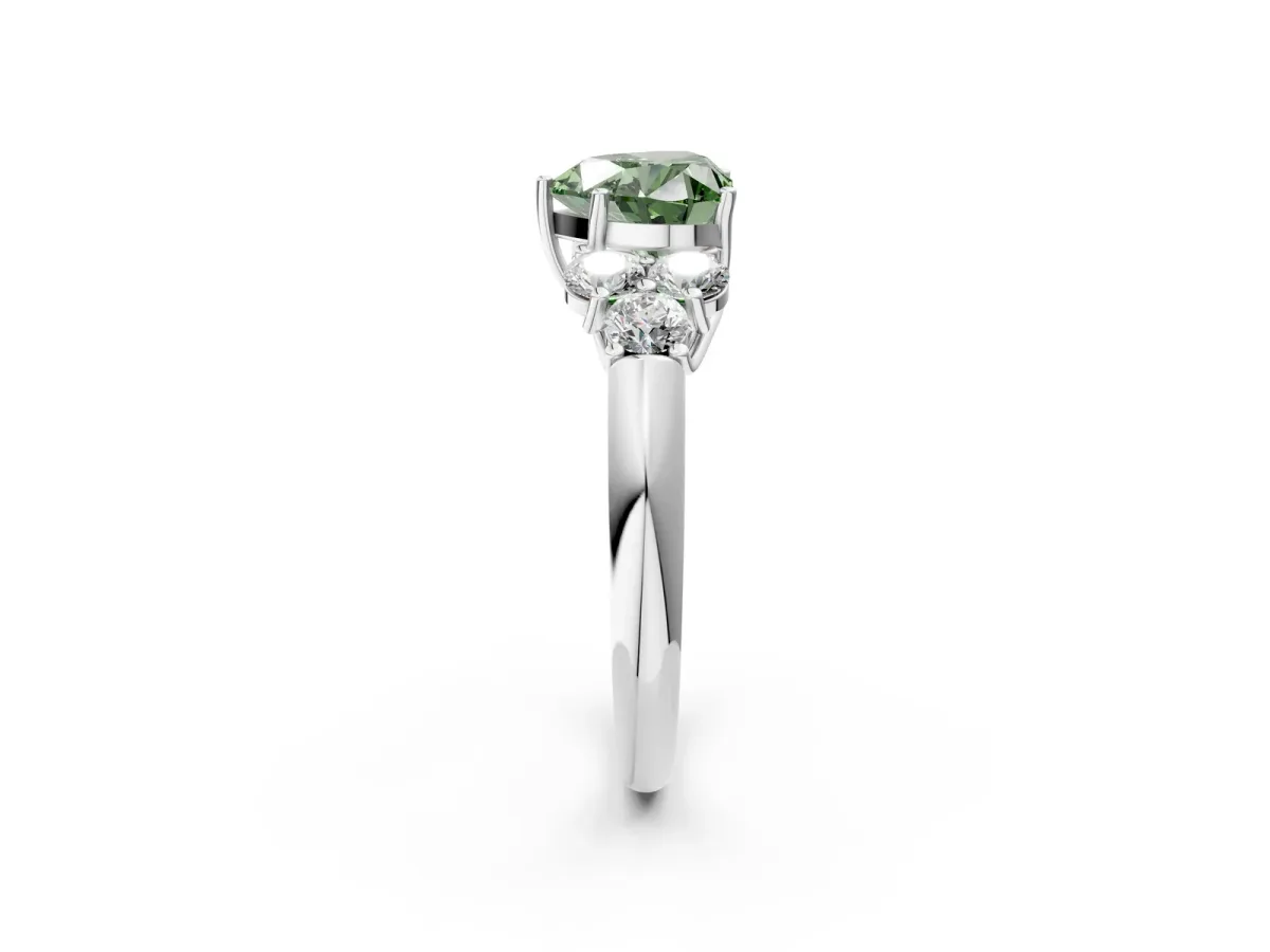 Fancy Green Heart Cut Cut Diamond Cluster Ring with Round Accent Stones and Prong Setting on a Classic Band Platinum