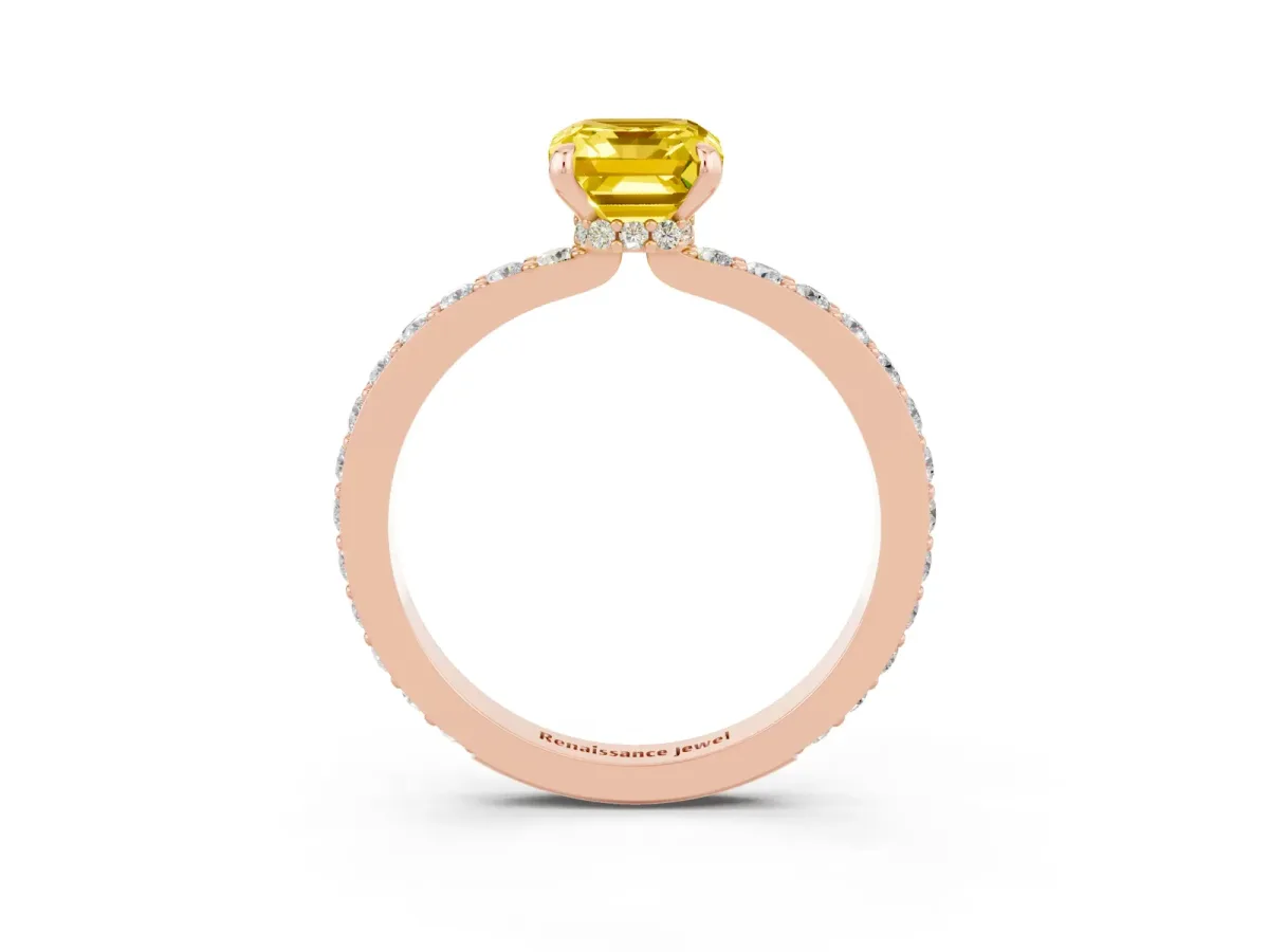 Emerald Cut Yellow Sapphire Solitaire Engagement Ring with Pavé Band and Four-Prong Setting Rose gold