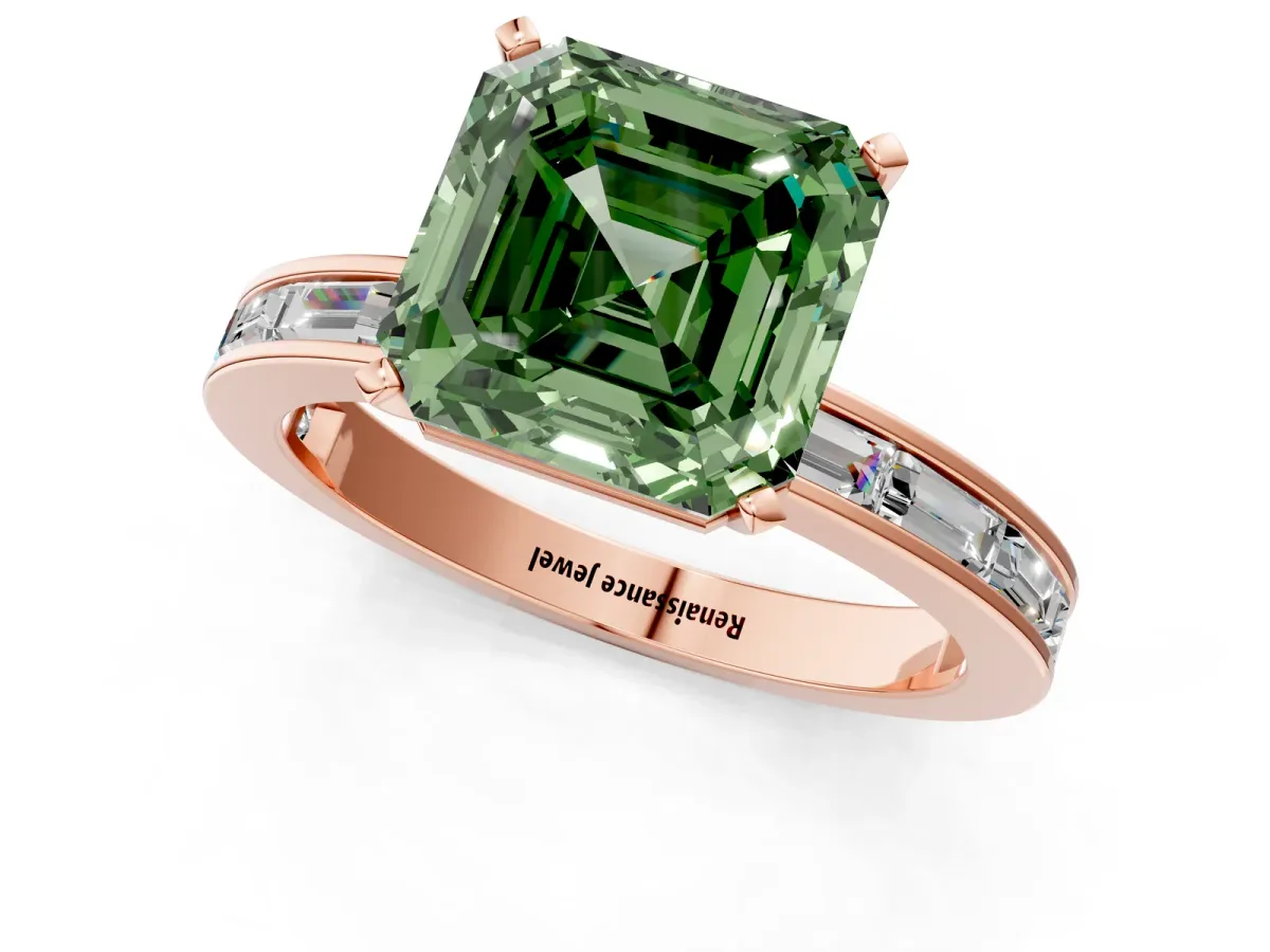Fancy Green Asscher Cut Solitaire Diamond Ring with Channel-Set Baguette Band and Four-Prong Setting Rose gold