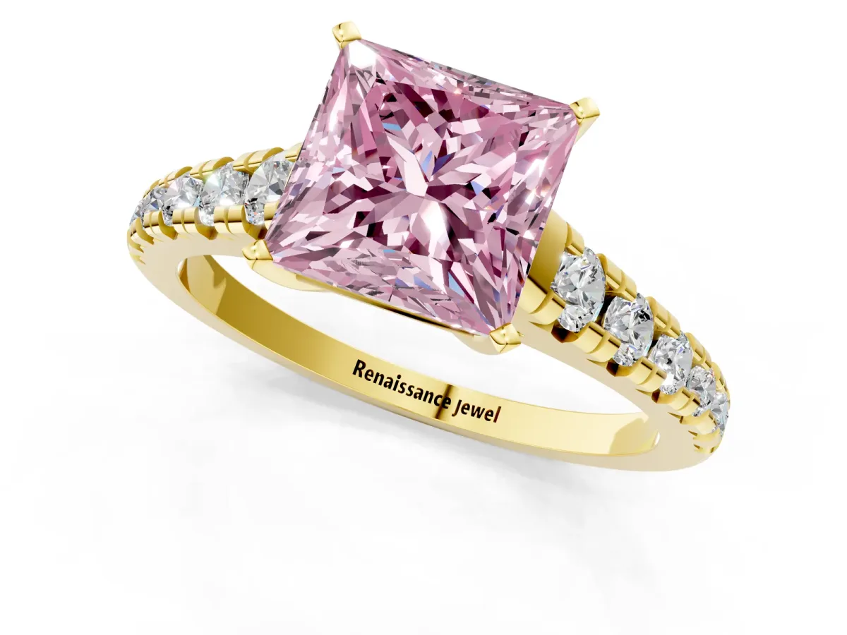 Fancy Pink Princess Cut Diamond Cathedral Solitaire Ring with Round Pavé Band Yellow gold