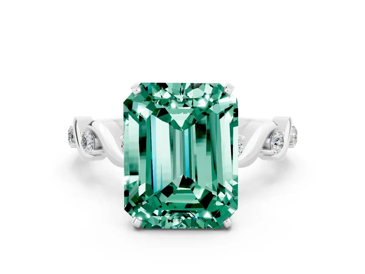Emerald Cut Green Sapphire Solitaire Twisted Band with Round Accents and Prong Setting White gold
