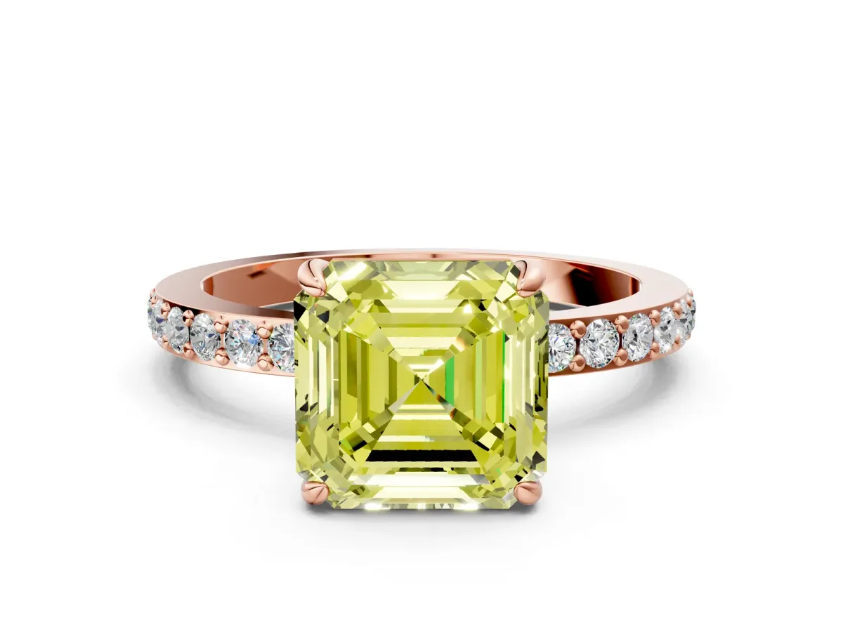 Fancy Yellow Asscher Cut Diamond Solitaire Engagement Ring with Pavé Band and Four-Prong Setting Rose gold