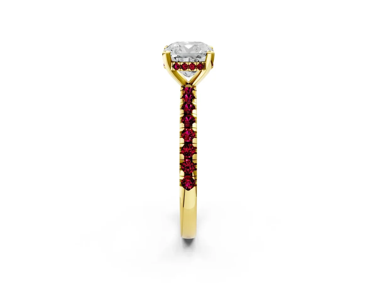 Cushion Cut Diamond Solitaire Ring with Round Garnet Pavé Band and Four-Prong Setting Yellow gold