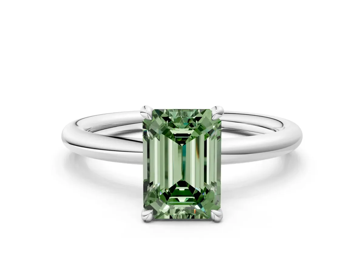 Fancy Green Emerald Cut Diamond Solitaire Ring with Thin Band and Four-Prong Setting Platinum