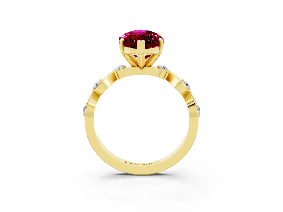 Marquise Cut Garnet Solitaire Twisted Band with Round Accents and Prong Setting Yellow gold