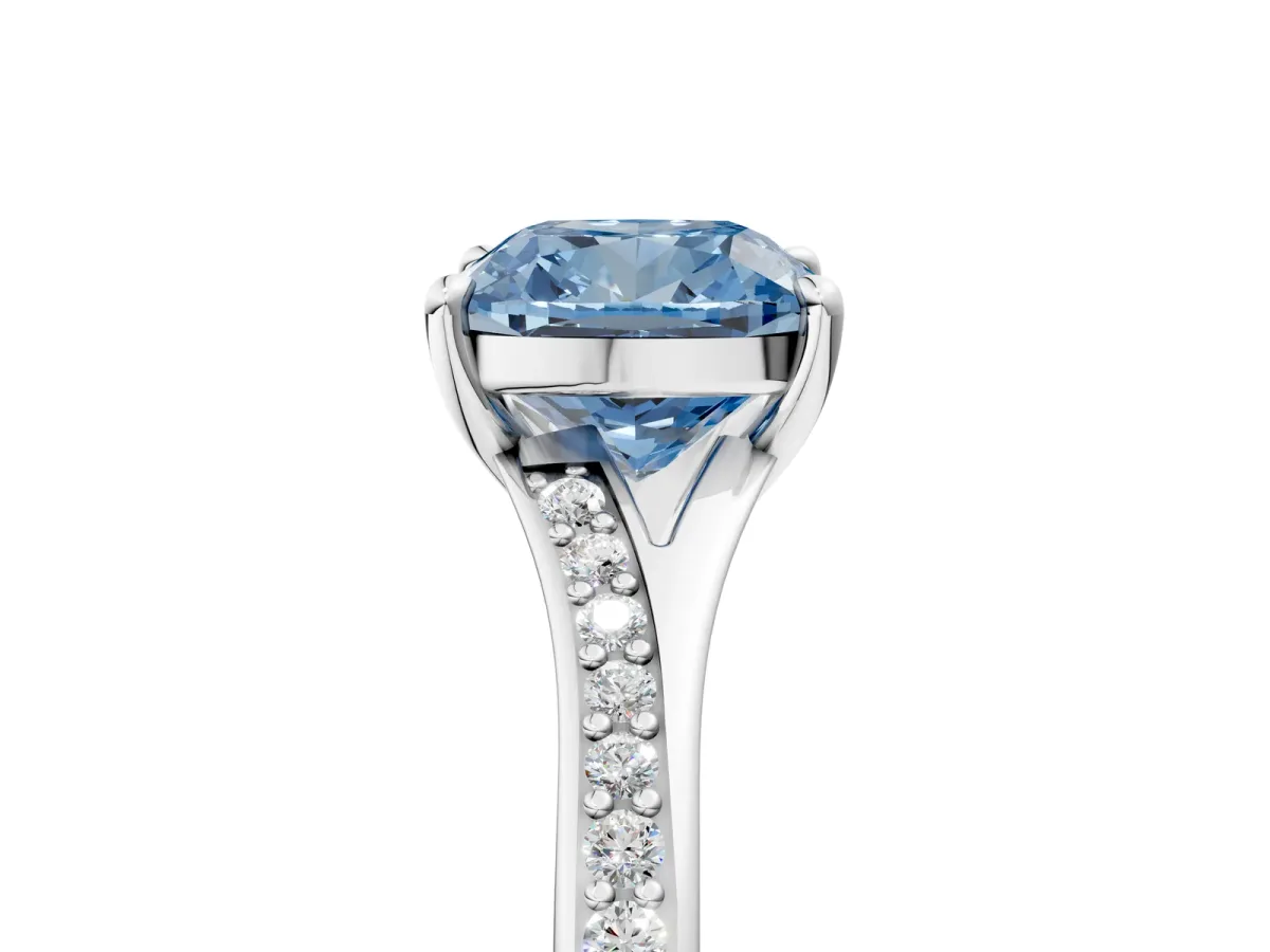 Fancy Blue Cushion Cut Diamond Solitaire Ring with Pavé Band and Prong Setting Silver