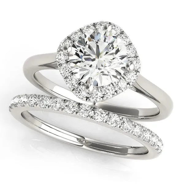 Asscher Cut Halo Round Diamond Solitaire Engagement Ring with Pave Band and Four-Prong Setting Platinum
