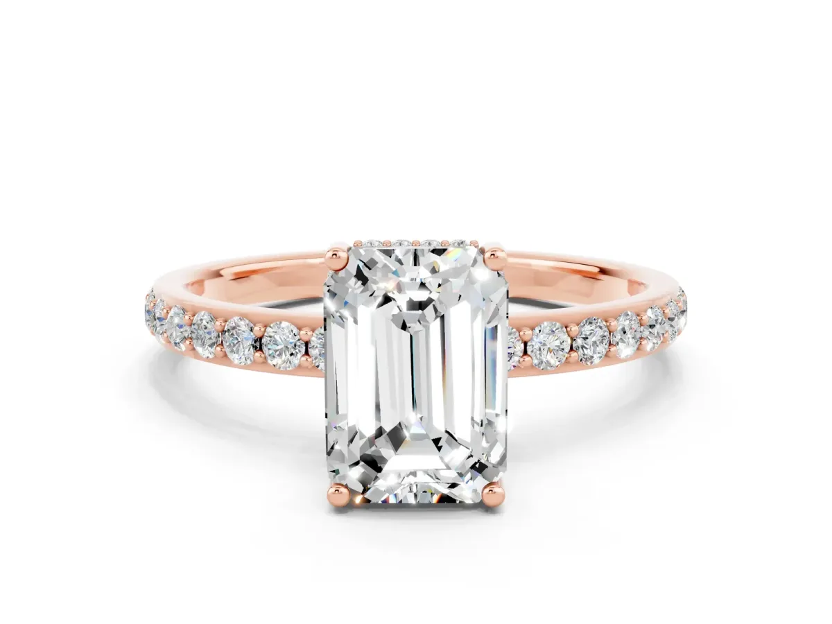 Emerald Cut Moissanite Solitaire Ring with Pavé Band and Hidden Halo Rose gold