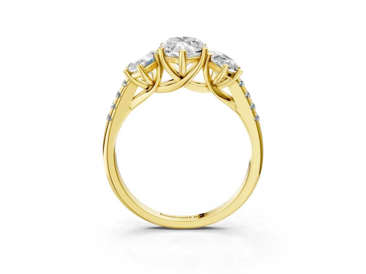 Fancy Green Three-Stone Marquise Cut Diamond Ring with Round Pavé Band and Prong Setting Yellow gold