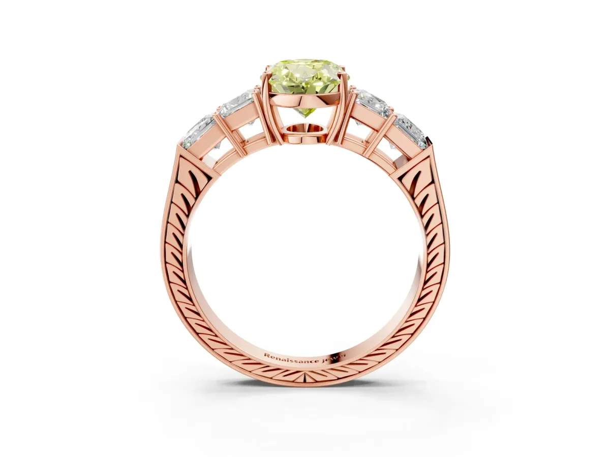 Fancy Yellow Oval Cut Solitaire Princess Side Stone Engraved Band Prong Setting Ring Rose gold