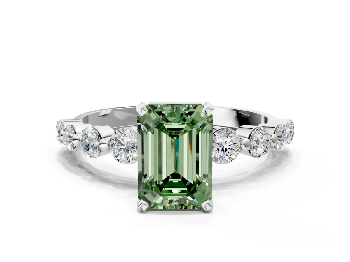 Fancy Green Emerald Cut Solitaire Diamond Ring with Pave Band and Four-Prong Setting Silver