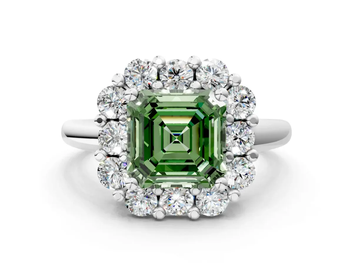 Fancy Green Asscher Cut Halo Cluster Diamond Engagement Ring with Prong Setting and Polished Band Platinum