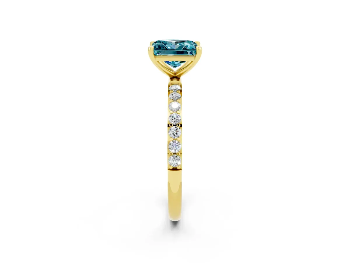 Princess Cut Blue Topaz Solitaire Ring with Round Pavé Band and Prong Setting Yellow gold
