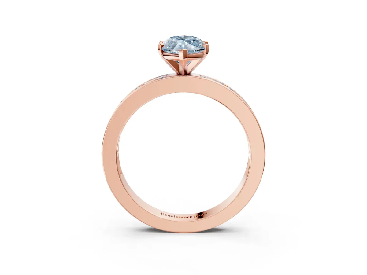 Fancy Blue Marquise Cut Solitaire Diamond Ring with Channel-Set Baguette Band and Four-Prong Setting Rose gold