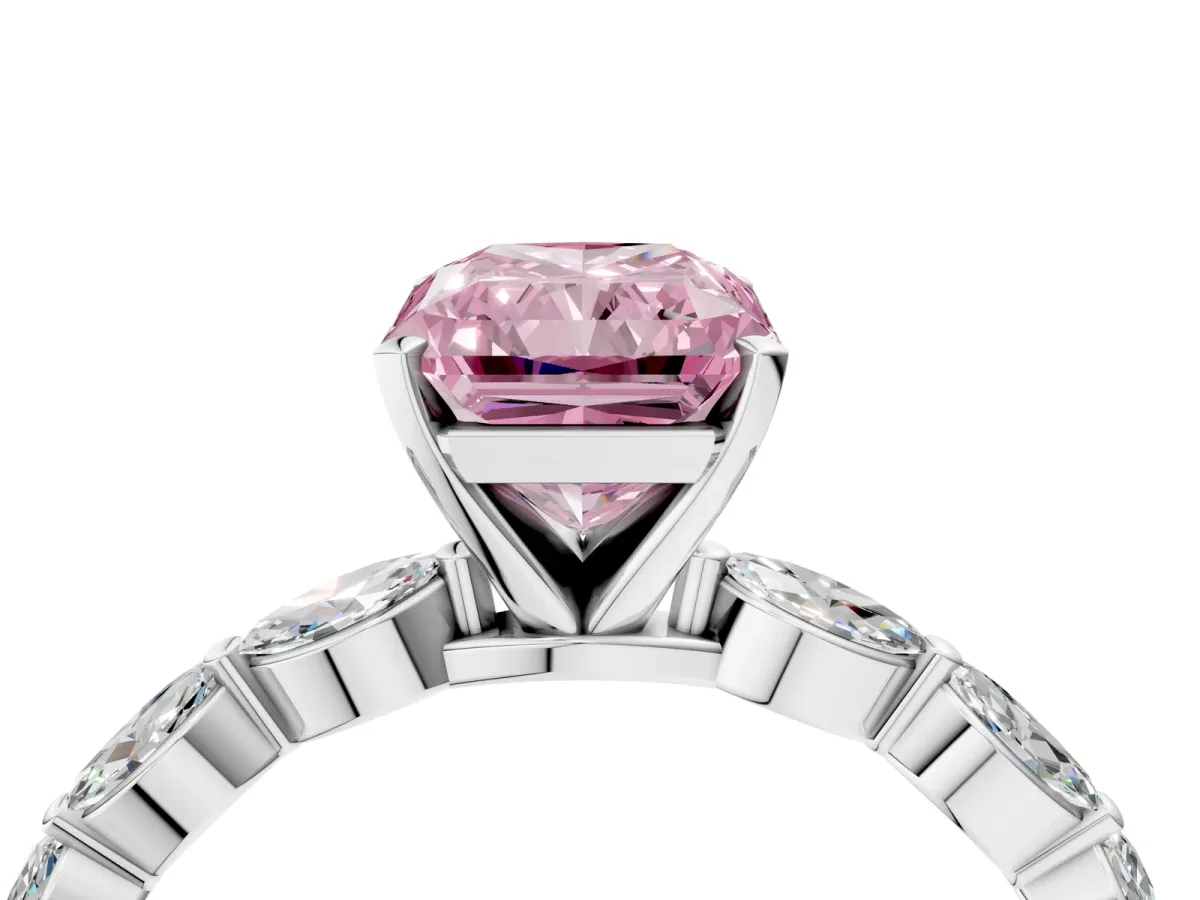 Fancy Pink Radiant Cut Diamond Ring with Marquise Side Stones and Prong Setting Platinum