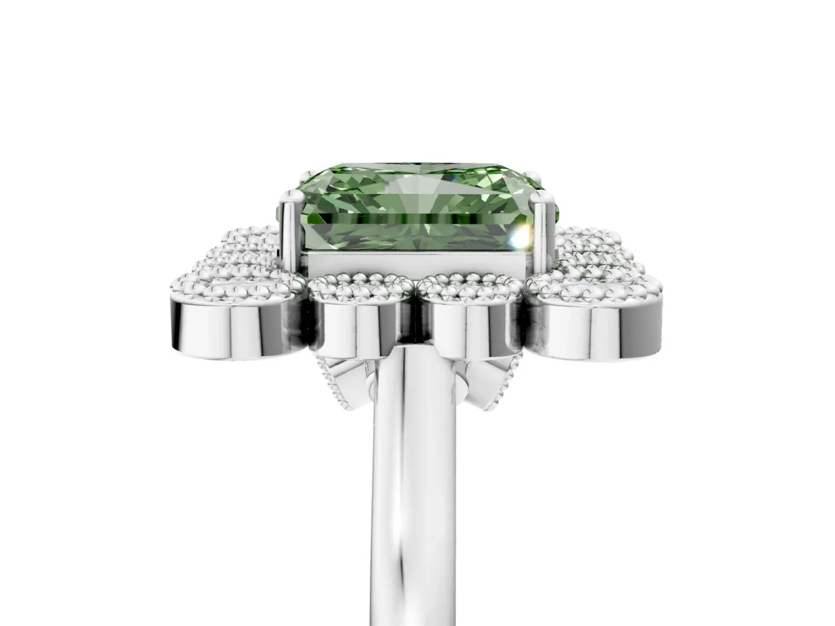 Fancy Green Radiant Cut Halo Diamond Cluster Engagement Ring with Milgrain Bezel Setting and Solitaire Band Platinum
