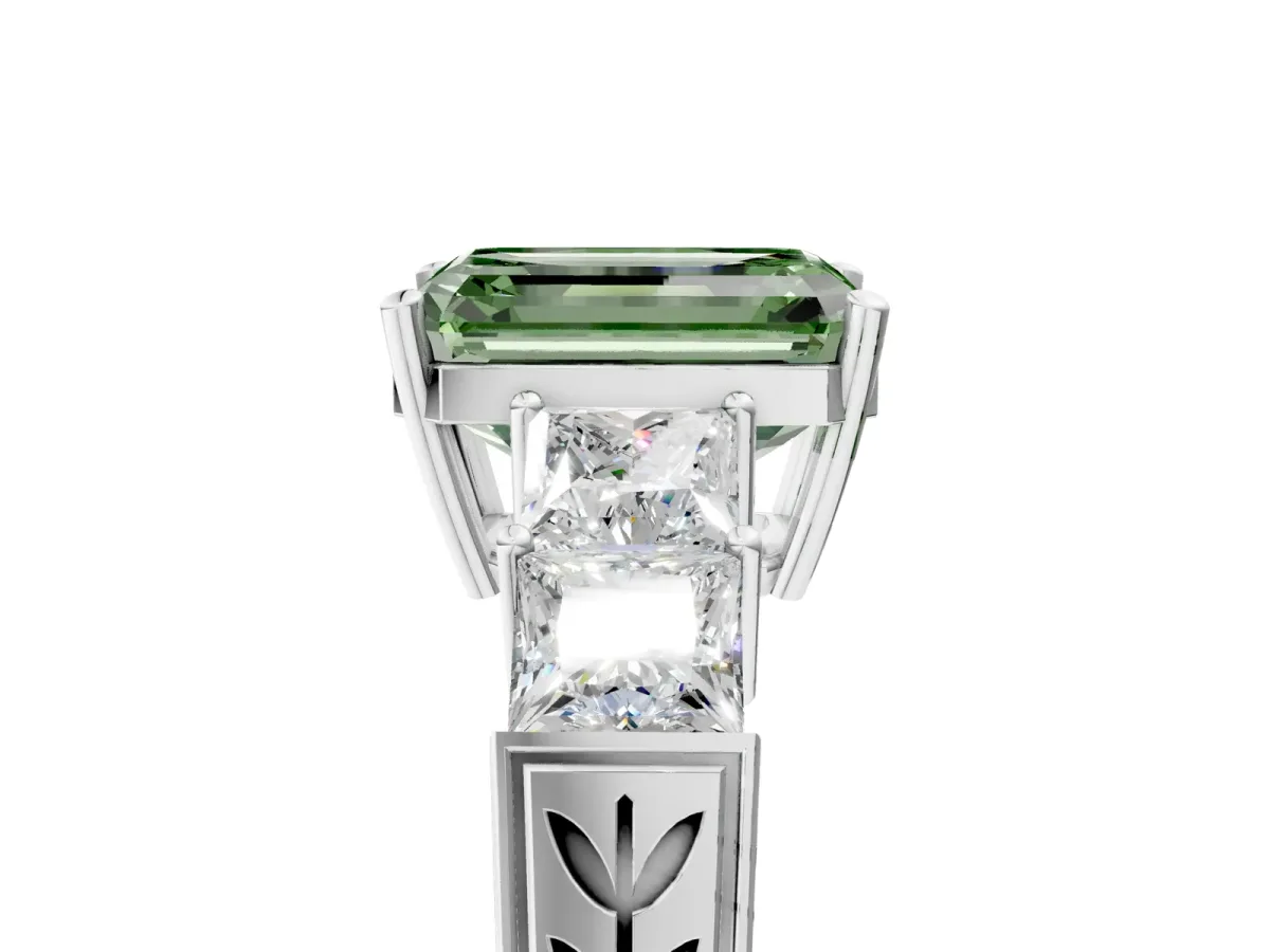 Fancy Green Emerald Cut Solitaire Princess Side Stone Engraved Band Prong Setting Ring Silver