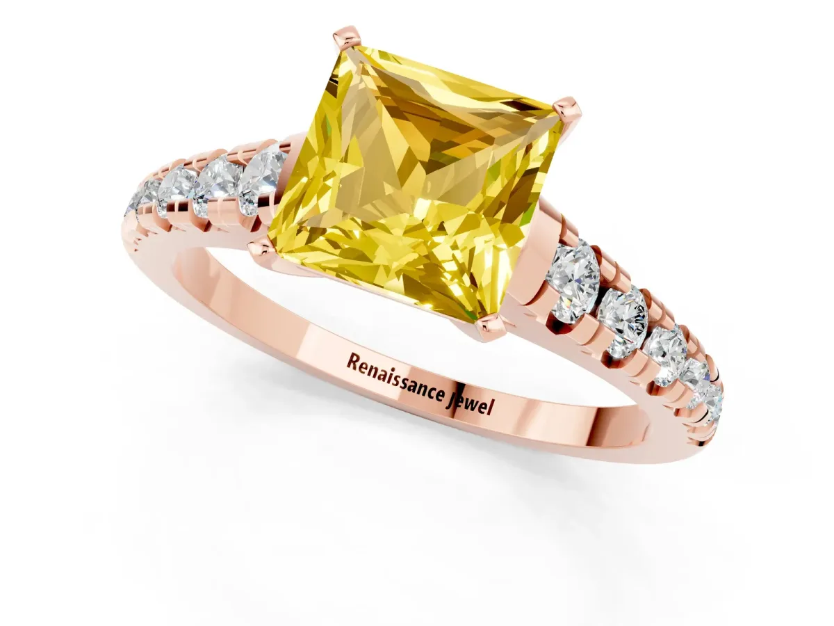 Princess Cut Yellow Sapphire Cathedral Solitaire Ring with Round Pavé Band Rose gold