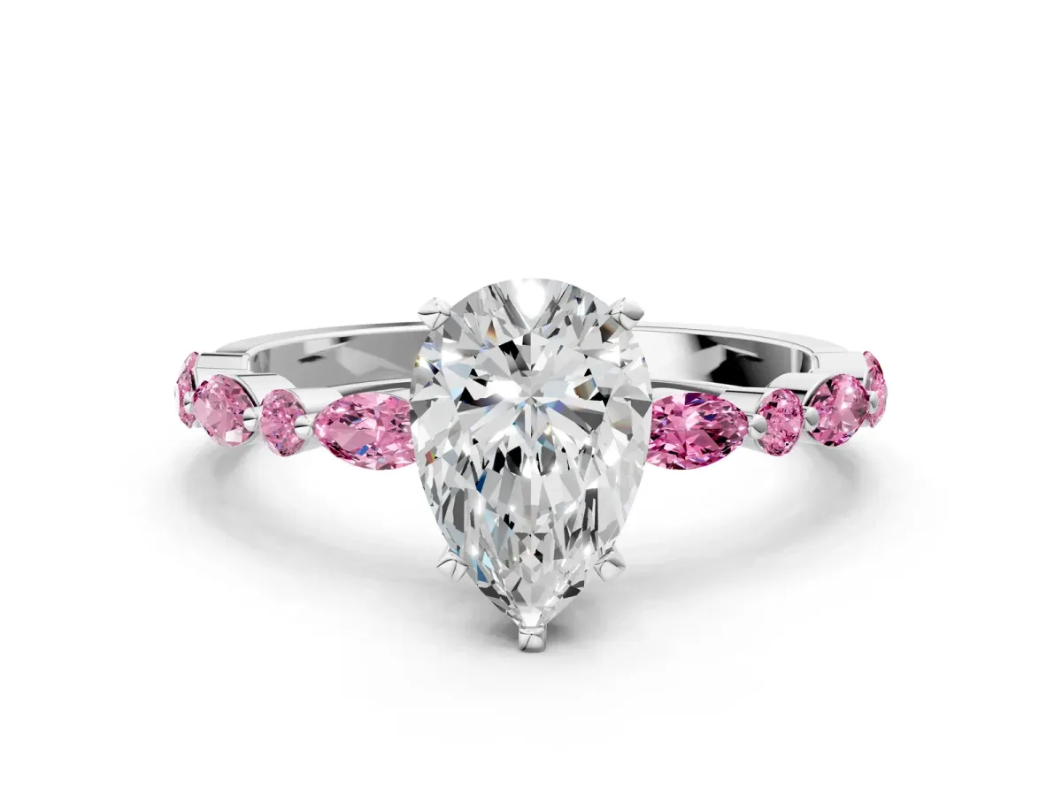 Pear Cut Diamond Ring with Marquise and Round Pink Sapphire Side Stones and Four-Prong Setting White gold