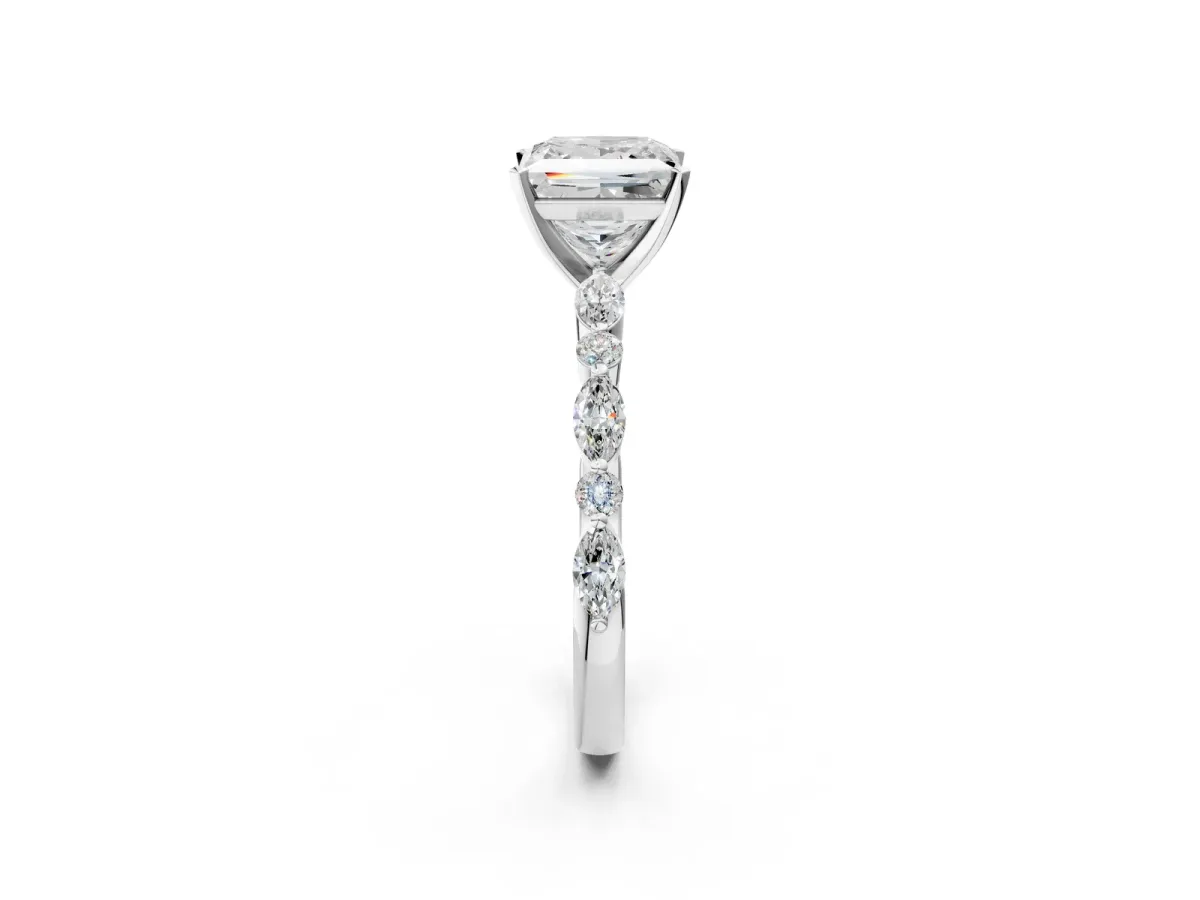 Princess Cut Diamond Ring with Marquise and Round Moissanite Side Stones and Four-Prong Setting Silver