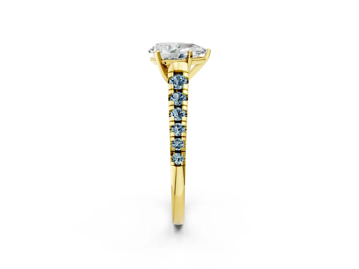Pear Cut Diamond Cathedral Solitaire Ring with Round Aquamarine Pavé Band Yellow gold