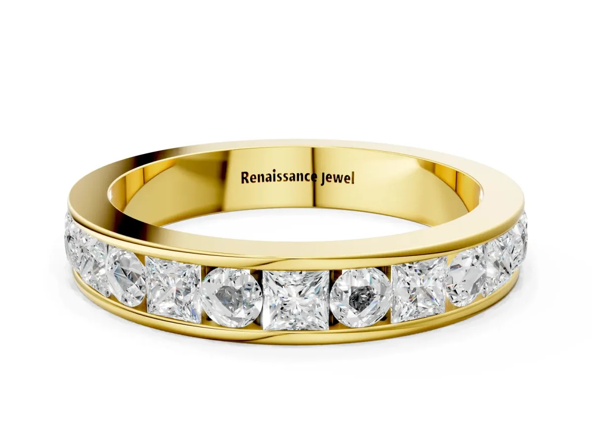 Princess Diamond Channel Set Promise Ring with Round Diamond Accents Yellow gold