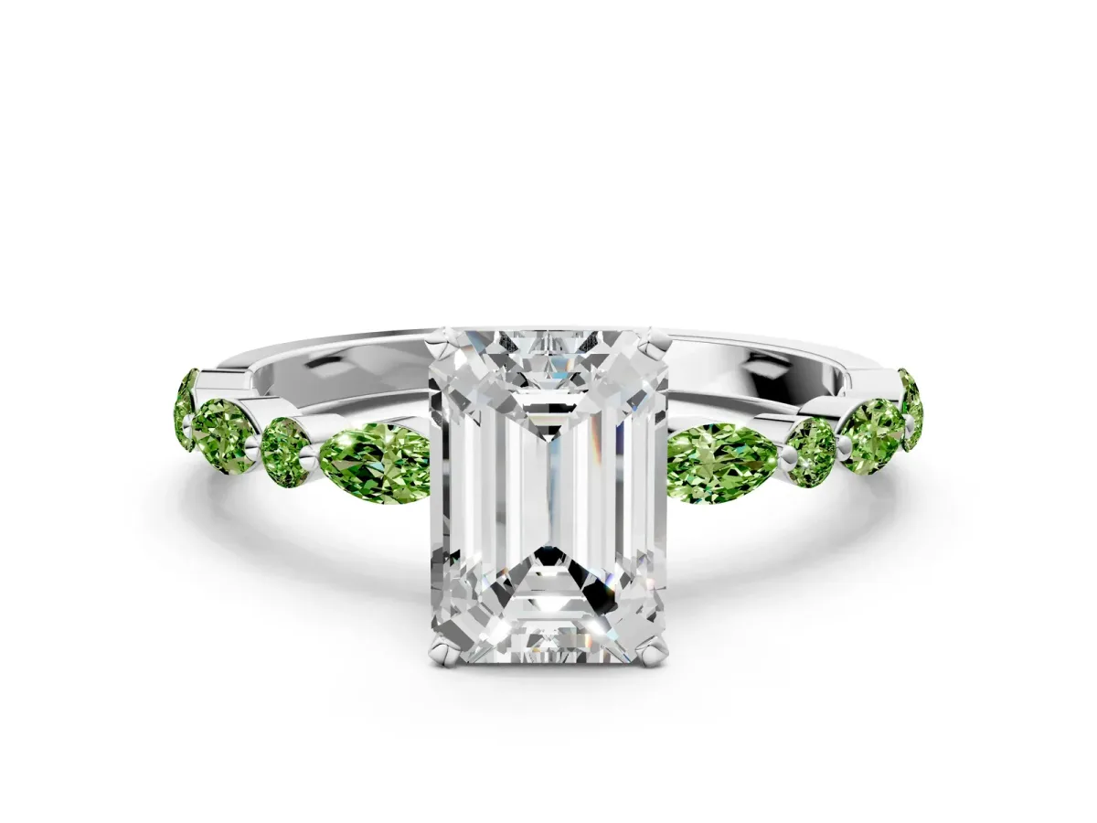 Emerald Cut Diamond Ring with Marquise and Round Peridot Side Stones and Four-Prong Setting White gold
