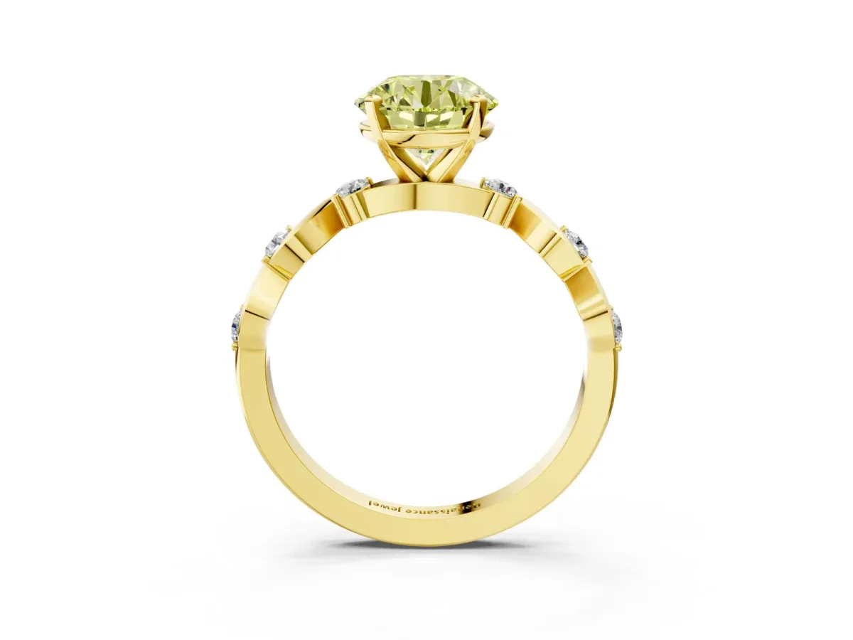Fancy Yellow Round Cut Diamond Solitaire Twisted Band with Round Accents and Prong Setting Yellow gold