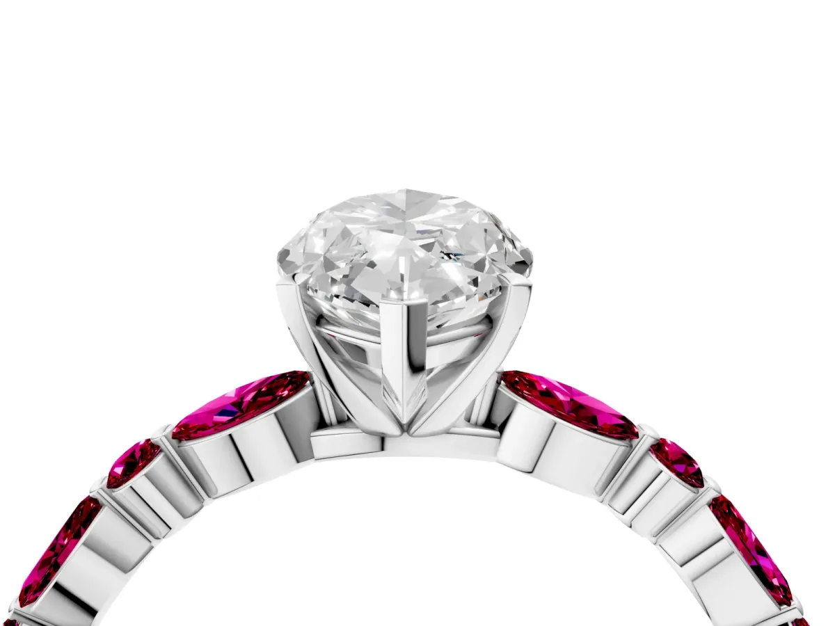 Marquise Cut Diamond Ring with Marquise and Round Garnet Side Stones and Four-Prong Setting White gold