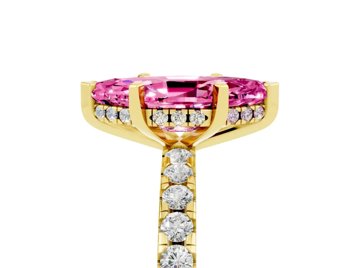 Marquise Cut Pink Sapphire Solitaire Ring with Round Pavé Band and Four-Prong Setting Yellow gold