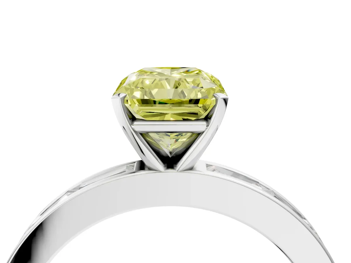 Fancy Yellow Radiant Cut Solitaire Diamond Ring with Channel-Set Baguette Band and Four-Prong Setting Platinum